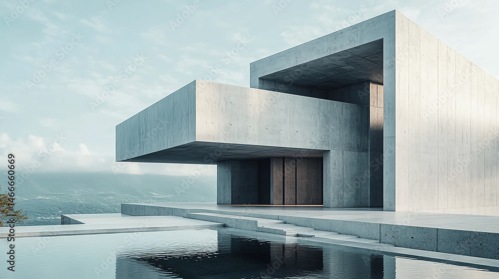Minimalist concrete house with pool reflecting the sky and architecture in a modern design style Minimalist concrete house with pool reflecting the sky and architecture in a modern design style