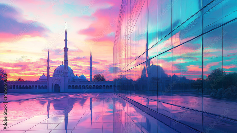Naklejka premium Ethereal glass mosque illustration, unique beautiful reflection at sunrise, peaceful Eid al-Adha.