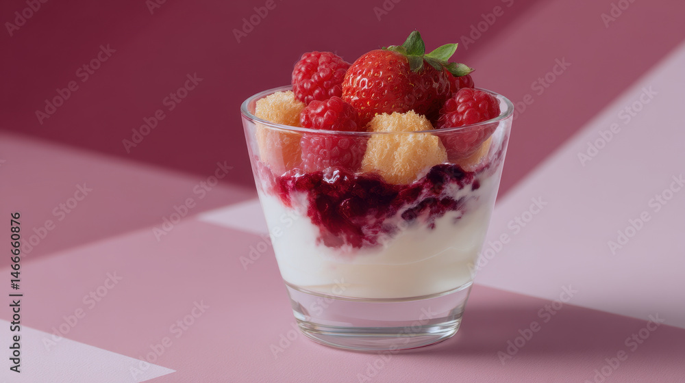 Yogurt parfait with strawberries and raspberries on pink background Yogurt parfait with strawberries and raspberries on pink background