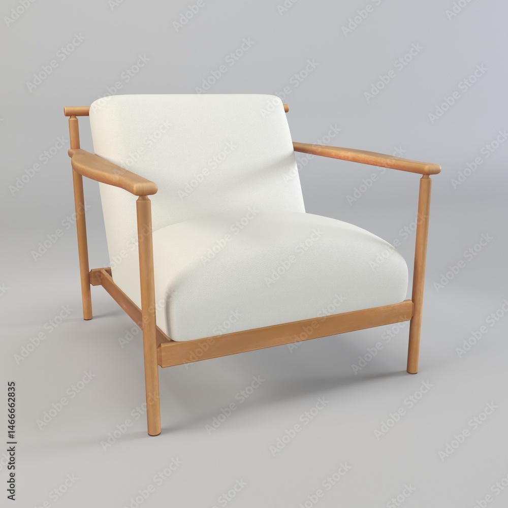 A modern and minimalist 3D illustration featuring a sofa chair in a palette of grey, black, off-white, and white, accented with natural wooden tones. The design emphasizes clean lines, geometric shape A modern and minimalist 3D illustration featuring a sofa chair in a palette of grey, black, off-white, and white, accented with natural wooden tones. The design emphasizes clean lines, geometric shape
