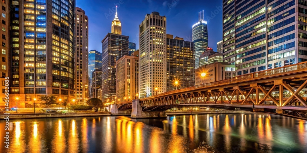 Naklejka premium Chicago Bridge at Night Side View, bridge illumination