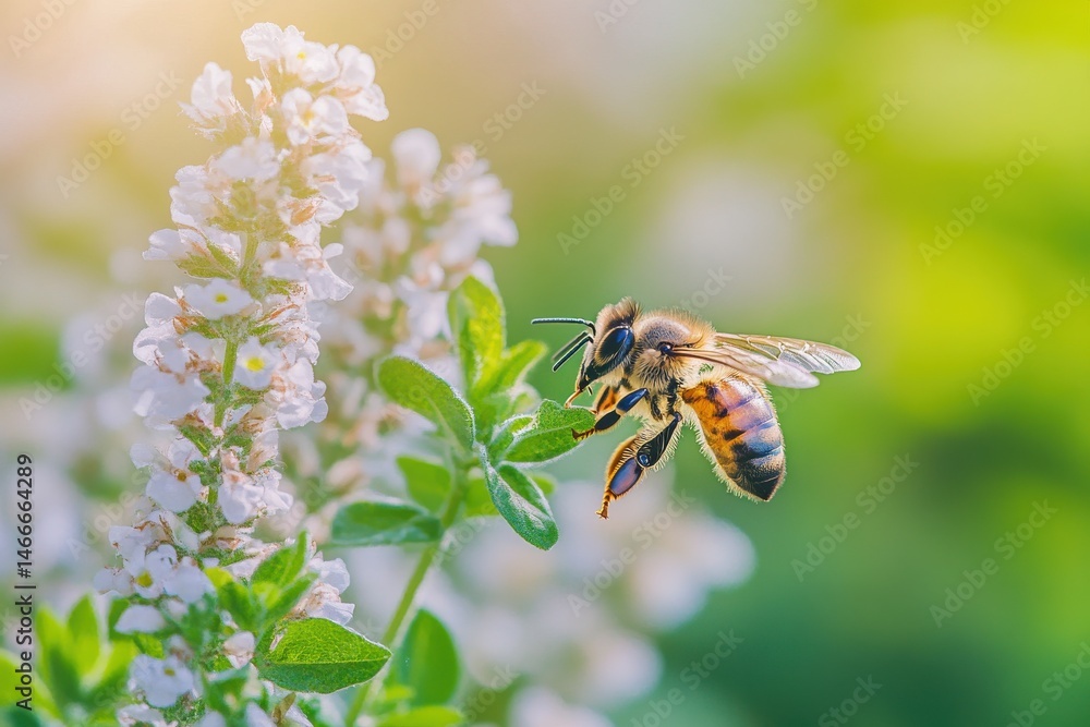 A bee collecting nectar from white flowers in a lush garden during the daytime A bee collecting nectar from white flowers in a lush garden during the daytime