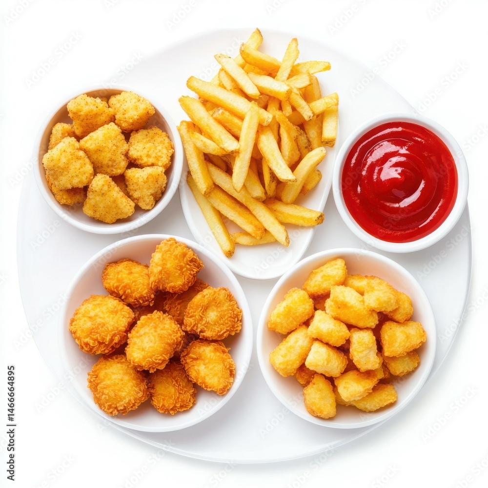 Chicken nuggets fries and ketchup isolated on white background Chicken nuggets fries and ketchup isolated on white background