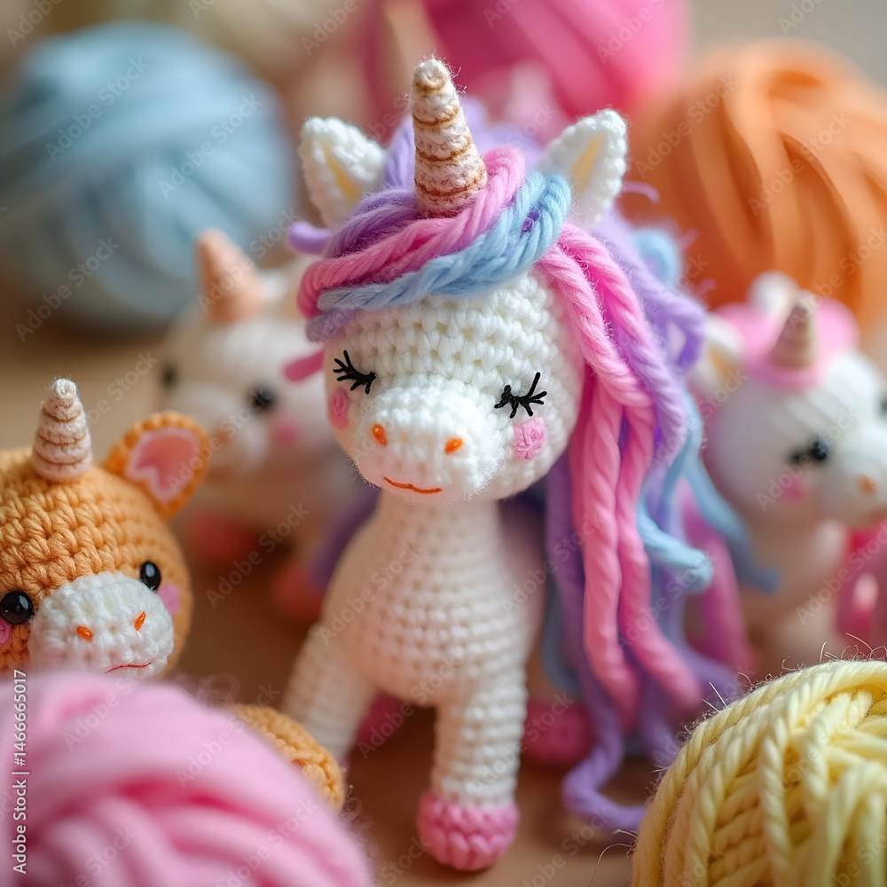 Obraz premium Adorable Yarn Unicorn Plushies – Soft Handmade Toys for Kids and Gift Shop Displays 