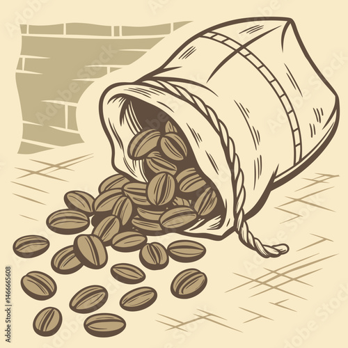 Elegant coffee beans spilling from vintage burlap sack background