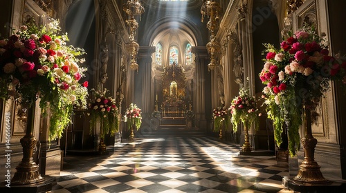 Beautiful cathedral interior  stunning decorations illuminated by sunlight  floral arrangements adding splendor  checkerboard marble floor leading to the altar  low-angle framing. 