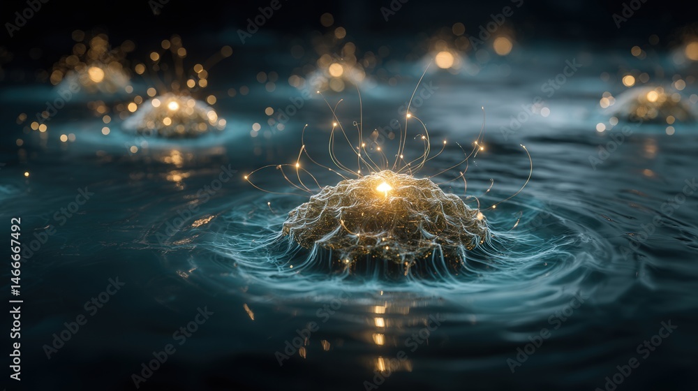 Fototapeta premium Abstract visualization of glowing cytokine molecules transmitting signals between cells in fluid space, blending science and art in a futuristic atmosphere.