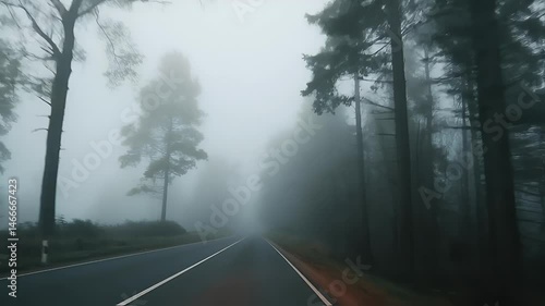 Driving Through Misty Forest Road – Soft Fog, Headlights Glow, and Moody Cinematic Atmosphere