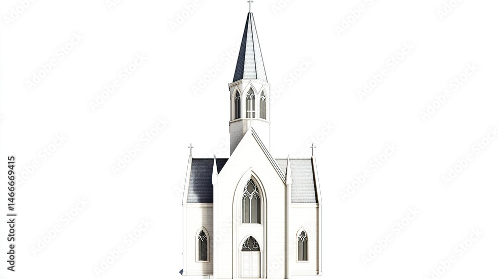 Church of the Holy Trinity, pointed steeple and detailed facade sharply defined against a white background, symmetrical perspective enhances its architectural elegance. Church of the Holy Trinity, pointed steeple and detailed facade sharply defined against a white background, symmetrical perspective enhances its architectural elegance.