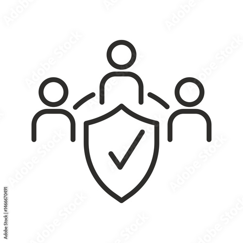 shield with employees, protection management icon, thin line symbol vector illustration