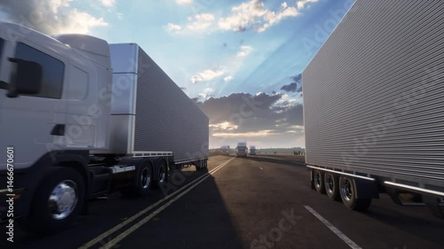 Convoy Of White Semi Trucks On Highway At Sunset
