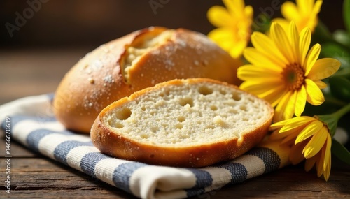 Golden-brown crusty bread, rustic striped cloth, sunny yellow flowers , artisan, detail, sunlit