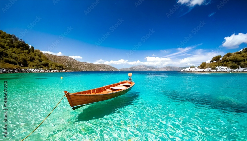 Naklejka premium Pequeño barco de madera en una tranquila bahía turquesa