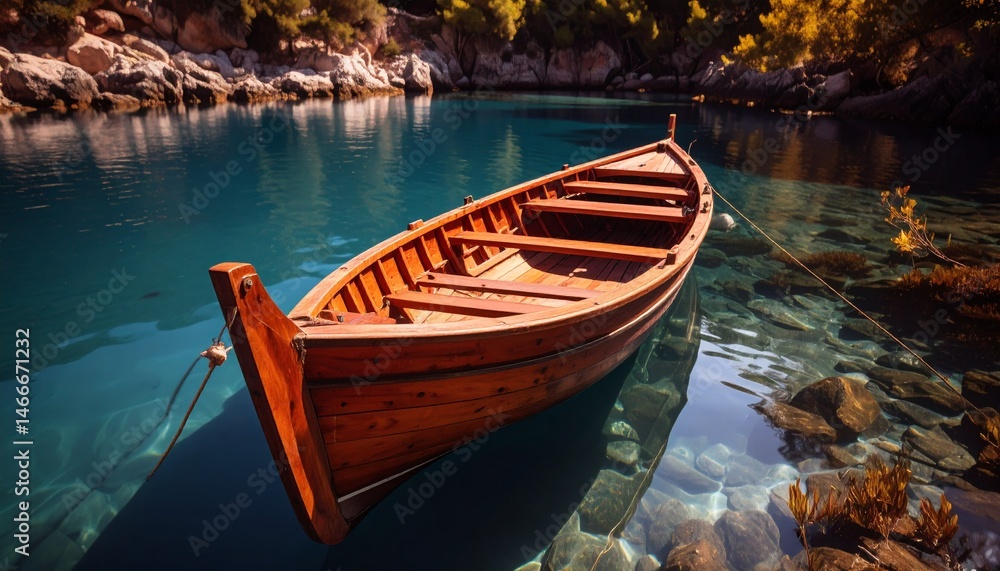 Pequeño barco de madera en una tranquila bahía turquesa Pequeño barco de madera en una tranquila bahía turquesa