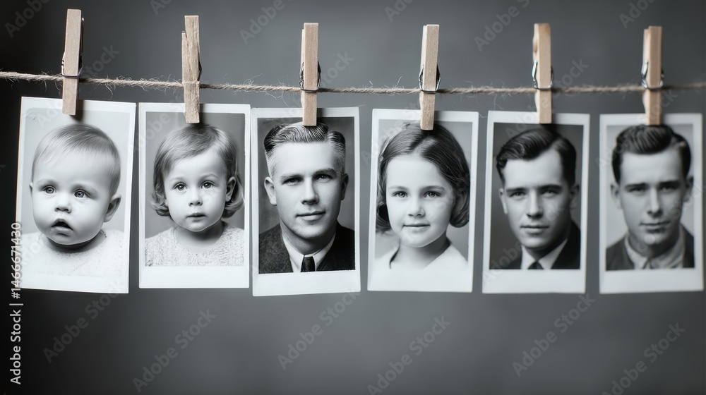 Obraz premium Remembrance Day Vintage black and white family photos on clothesline