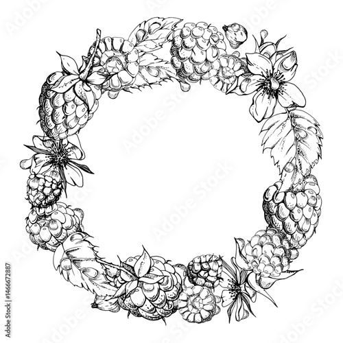 Raspberry wreath with flowers berries leaves in dew drops, water splash hand drawn in vector ink. Ripe garden forest dewberry cloudberry mulberry isolated circle frame. Fresh grocery drinks, preserves