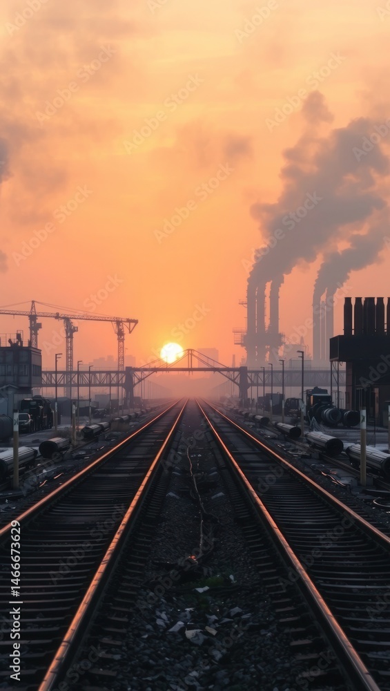 Fototapeta premium Industrial landscape under sunset sky