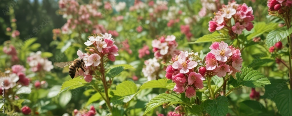 Busy bee pollinating raspberry blossoms in lush green garden , organic, environment, insect Busy bee pollinating raspberry blossoms in lush green garden , organic, environment, insect