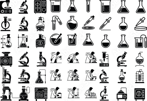Science Lab Equipment Silhouette Icons | Chemistry Tools Set Laboratory Icon Set | Beaker, Flask, Microscope Silhouettes