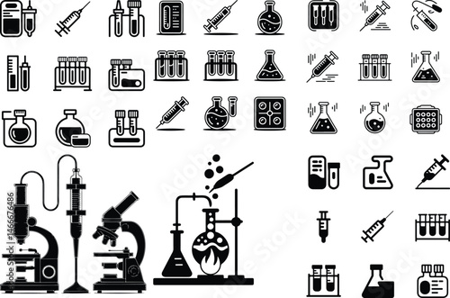 Science Lab Equipment Silhouette Icons | Chemistry Tools Set Laboratory Icon Set | Beaker, Flask, Microscope Silhouettes
