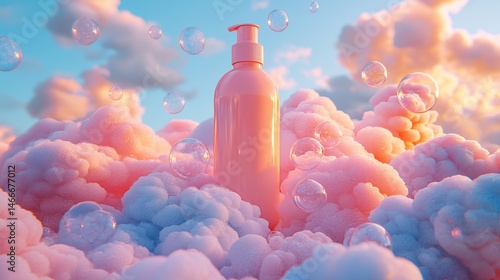 Pink bottle of liquid soap or lotion surrounded by fluffy clouds and bubbles, soft pastel colors, beautiful and dreamy