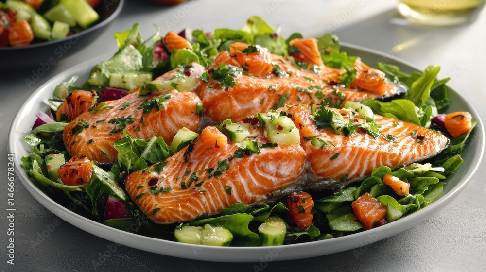 Delicious salmon salad with fresh greens. Delicious salmon salad with fresh greens.