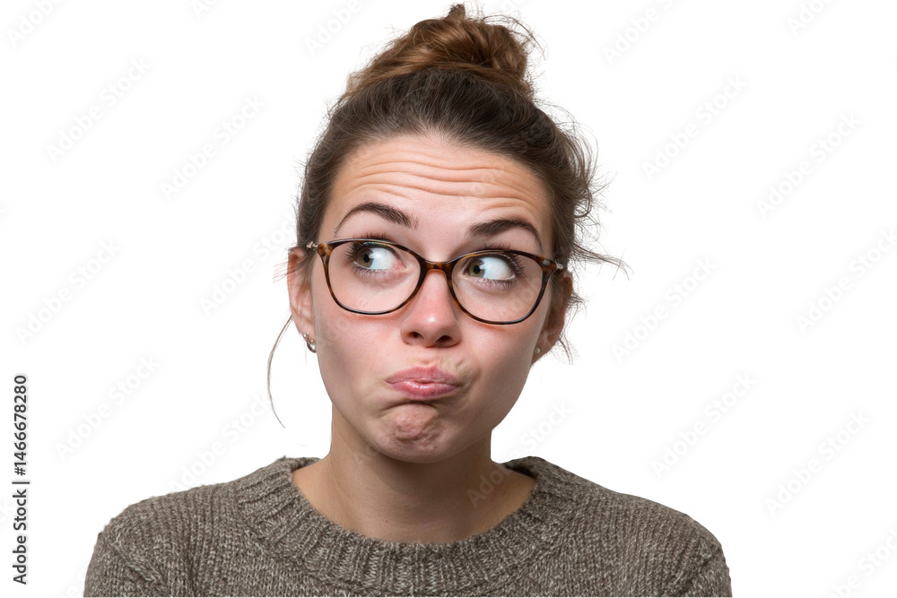 Fototapeta premium Young woman with glasses making a funny face thoughtful expression casual portrait studio shot bun girl on transparent background