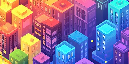 Isometric Cityscape Vibrant Colorful Buildings at Night.