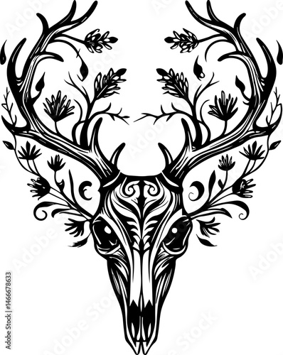 SVG vector of animal skull with floral elements, ideal for tattoo designs.Elegant Black and White Deer Skull with Floral Patterns and Designs