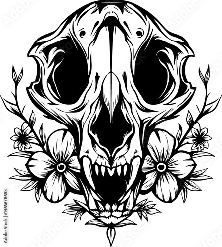 SVG vector of animal skull with floral elements, ideal for tattoo designs.Artistic Illustration of Animal Skull with Floral Elements and Details
