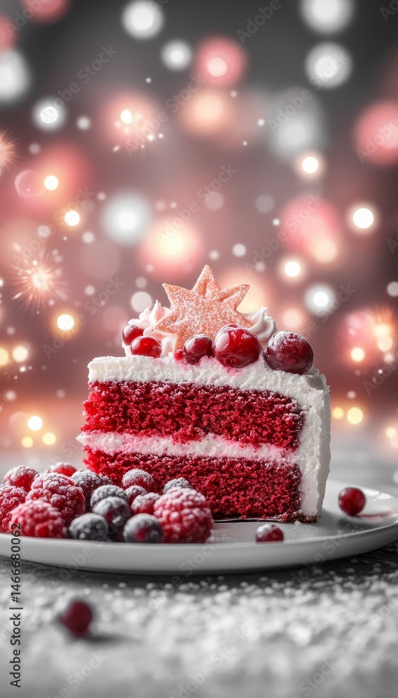 Festive Red Velvet Cake Slice with Cream Cheese Frosting, Fresh Berries, and Holiday Sparkle Festive Red Velvet Cake Slice with Cream Cheese Frosting, Fresh Berries, and Holiday Sparkle