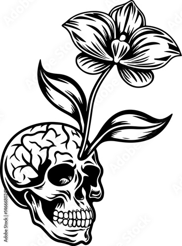SVG vector featuring a beautifully detailed skull with floral designs. Skull with Flower Growing from Brain Design in Black and White