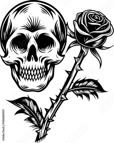 SVG vector featuring a beautifully detailed skull with floral designs. Skull and Rose Design for Tattoos and Graphic Illustrations