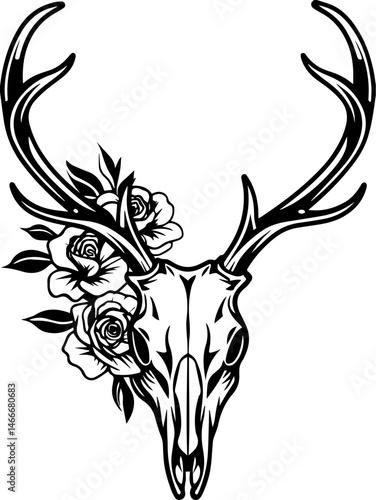 SVG vector featuring a beautifully detailed skull with floral designs. Detailed Black and White Illustration of Deer Skull with Flowers