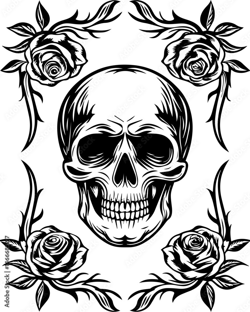Fototapeta premium SVG vector of a skull with decorative frames, ideal for tattoo designs. Skull Design Surrounded by Floral Roses in Black and White Style