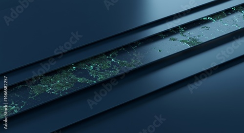 Abstract Blue and Green Layered Design: A Digital Artwork of Intersecting Planes with Glowing Particles
