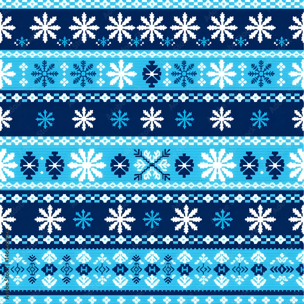 Nordic Fair Isle snowflake design in icy blue elegance, seamless pattern. Nordic Fair Isle snowflake design in icy blue elegance, seamless pattern.