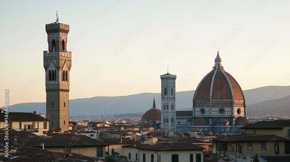 Naklejka premium Florence skyline featuring the Duomo and bell tower, illuminated by the golden light of dusk, terracotta rooftops creating a warm foreground, panoramic view. 
