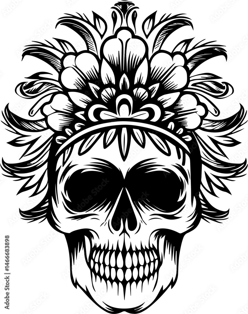 SVG vector of a skull adorned with floral crowns. Ornate Floral Skull Design with Intricate Details and Bold Features SVG vector of a skull adorned with floral crowns. Ornate Floral Skull Design with Intricate Details and Bold Features
