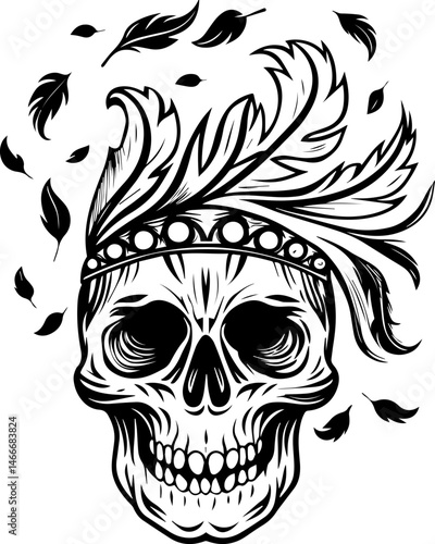 SVG vector of a skull adorned with floral crowns. Intricate Skull Design with Feathers and Decorative Elements
