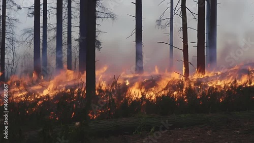 Forest Fire with Glowing Embers – Smoke Rising Through Trees, Dramatic and Intense Atmosphere
