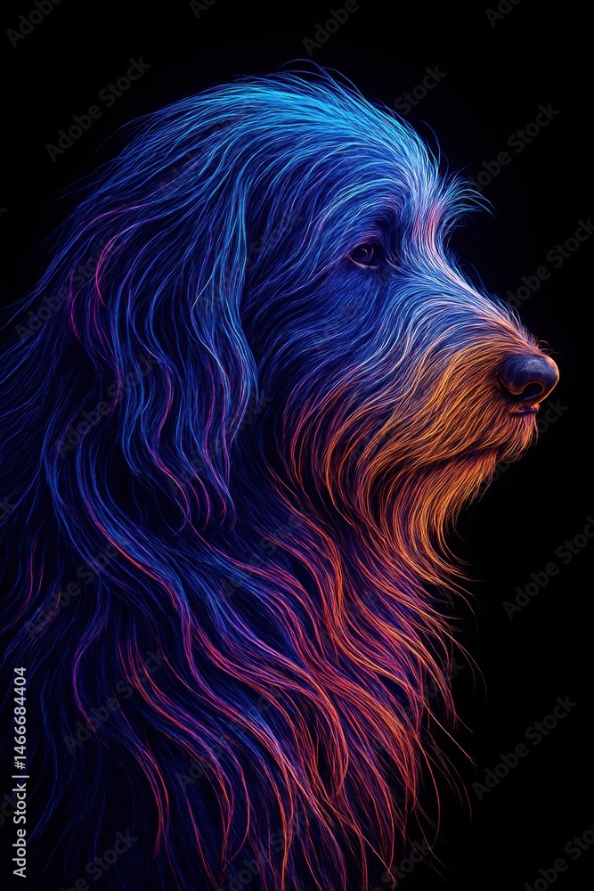 Naklejka premium Stylized portrait of a dog with vibrant neon colors on a black background.