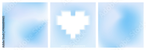 Abstract minimal square blue sky with cloud as a geometric heart shape frame. Aesthetic light blue clear sky gradient background. Set of 3 gradient templates for social media post, cover, banner, ads