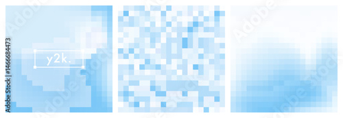 Y2k inspired set of light blue pixelated gradient background. Abstract blurry blue sky vector texture. Sky pixel pattern. Mosaic bg. Vector square backdrop for poster, cover, banner, social media post
