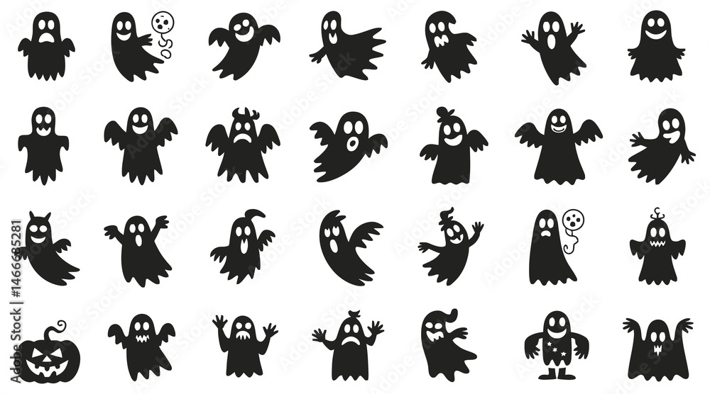 Halloween ghost vector set featuring unique ghost silhouettes along with pumpkins and skeleton hands, perfect for spooky seasonal design themes
Halloween ghost vector set featuring unique ghost silhouettes along with pumpkins and skeleton hands, perfect for spooky seasonal design themes