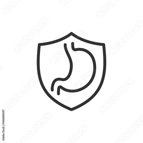 Stomach protected by shield, linear icon. Digestive health, protection, or immune support. Line with editable stroke.