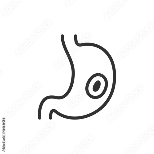 Stomach with marked lesion, linear icon. Tumor, inflammation, internal issue, ulcer. Line with editable stroke.