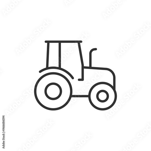 Side view of tractor, linear icon. Agricultural vehicle, rural transport, or farm equipment. Line with editable stroke.