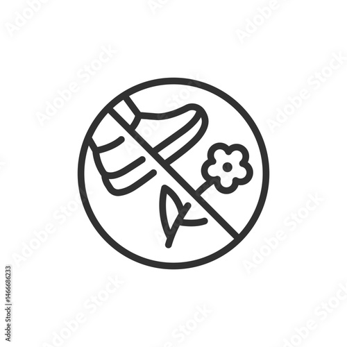 Foot stepping on flower with prohibition sign, linear icon. No walking on grass or plants. Line with editable stroke.