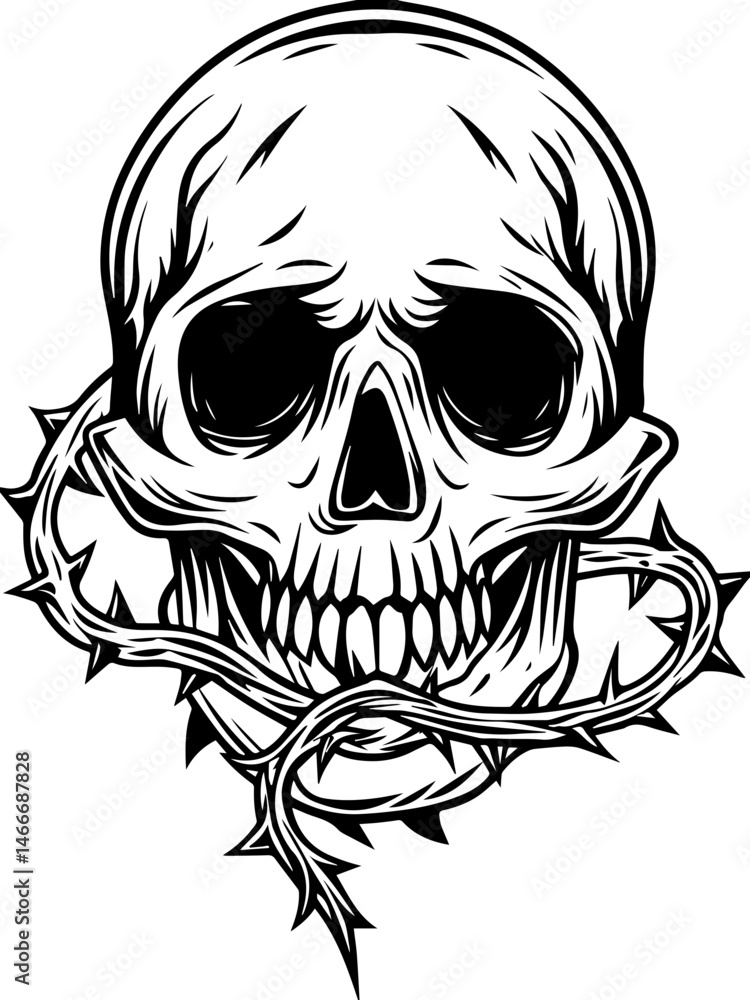 Fototapeta premium SVG vector featuring gothic floral skulls, ideal for tattoo designs. Skull Design with Thorned Vine for Graphic Art and Illustrations